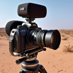 A digital camera in the desert, symbolizing the accessibility of filmmaking technology in Somalia, with a cinematic, hopeful atmosphere.